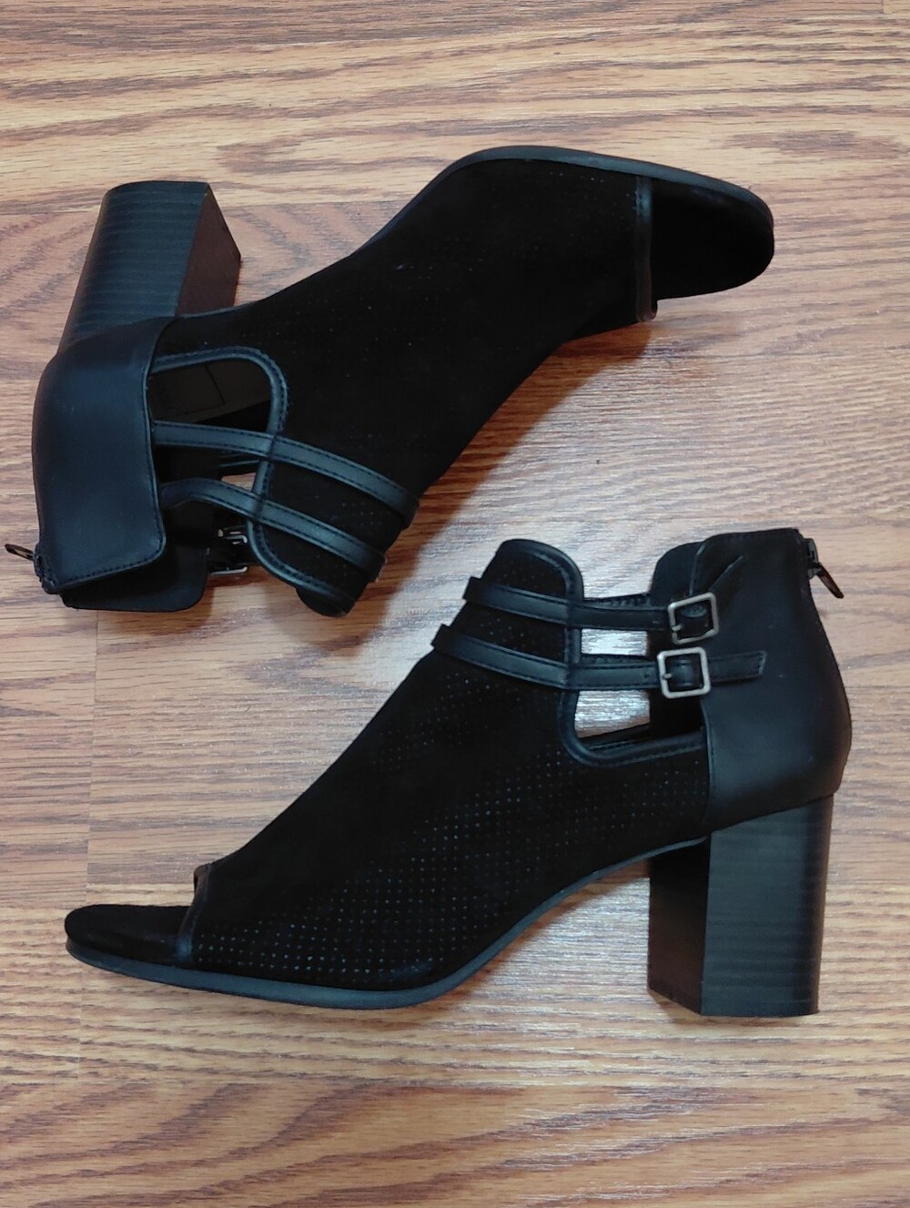 New York Transit Chunky Peep-Toe Ankle Booties Women Sz 8 Black Buckle Straps